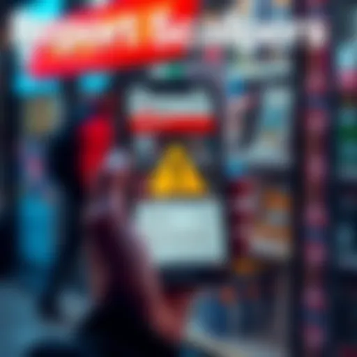 A person holding a smartphone, viewing a listing on an online marketplace with a warning symbol next to it, representing the action of reporting scalpers.