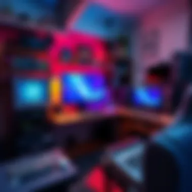 A creative workspace featuring repurposed old PCs used as a media center and for gaming