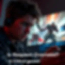 A gamer looking frustrated while playing the game Requiem on a console, with a screen showing game graphics in the background