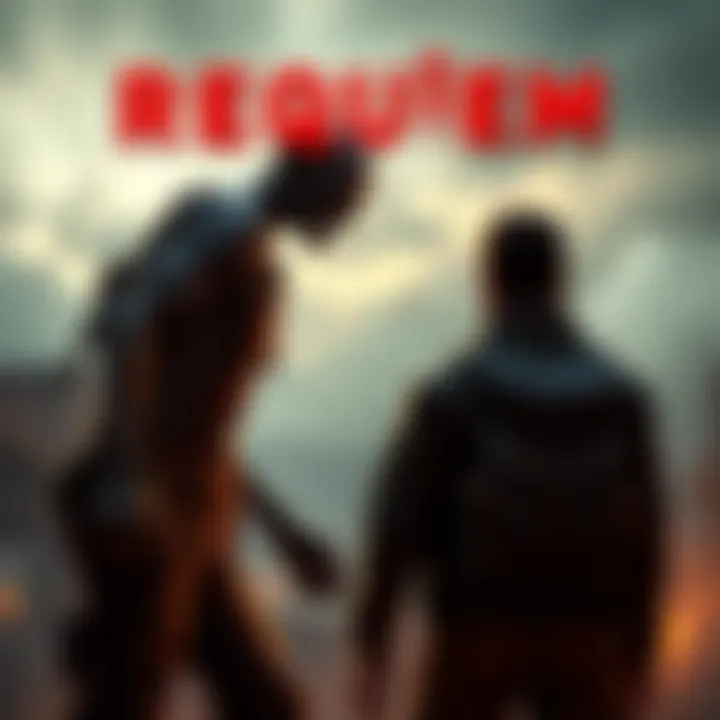 A screenshot from the game Requiem showing a zombie and a player character in a tense standoff