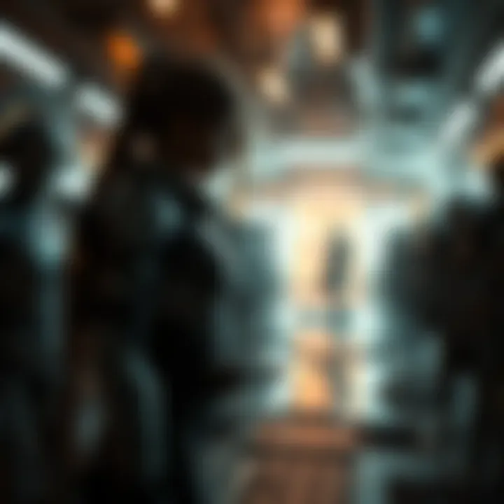 A scene from the game 'Requiem' showcasing the character Grace and the environment filled with clones and futuristic elements.