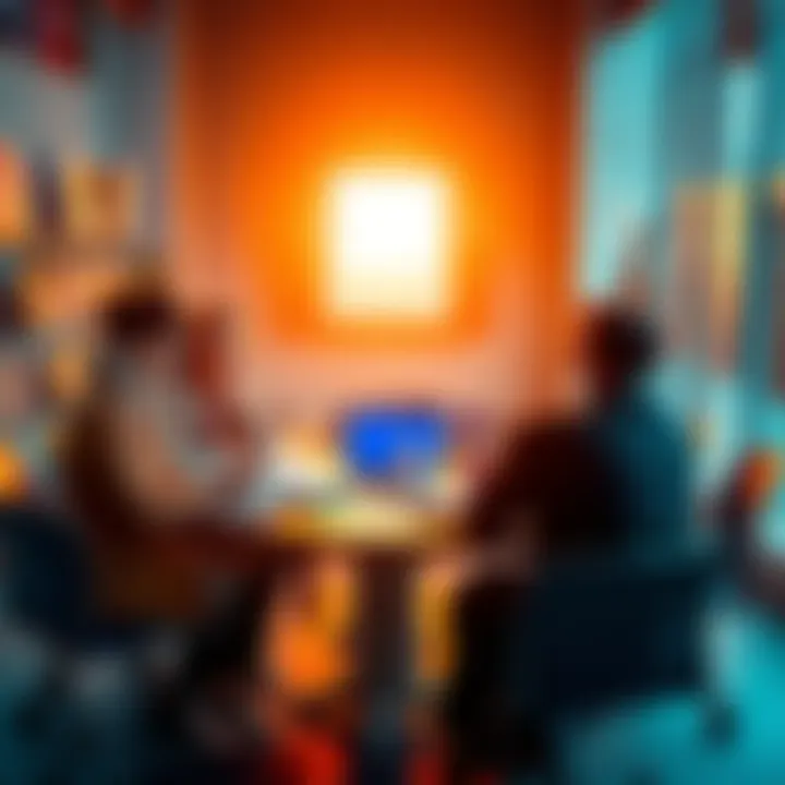 A group of scholars discussing findings at a round table with papers and laptops