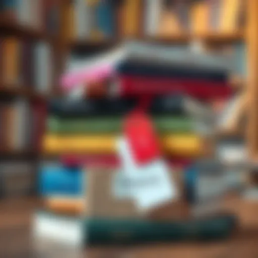A stack of colorful books with a donation box and a price tag, symbolizing reselling and donating options at Oriflamme's