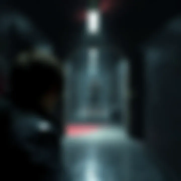 Resident Evil 0 Gameplay Screenshot A tense moment in Resident Evil 0 showing a character looking at a zombie in a dark corridor