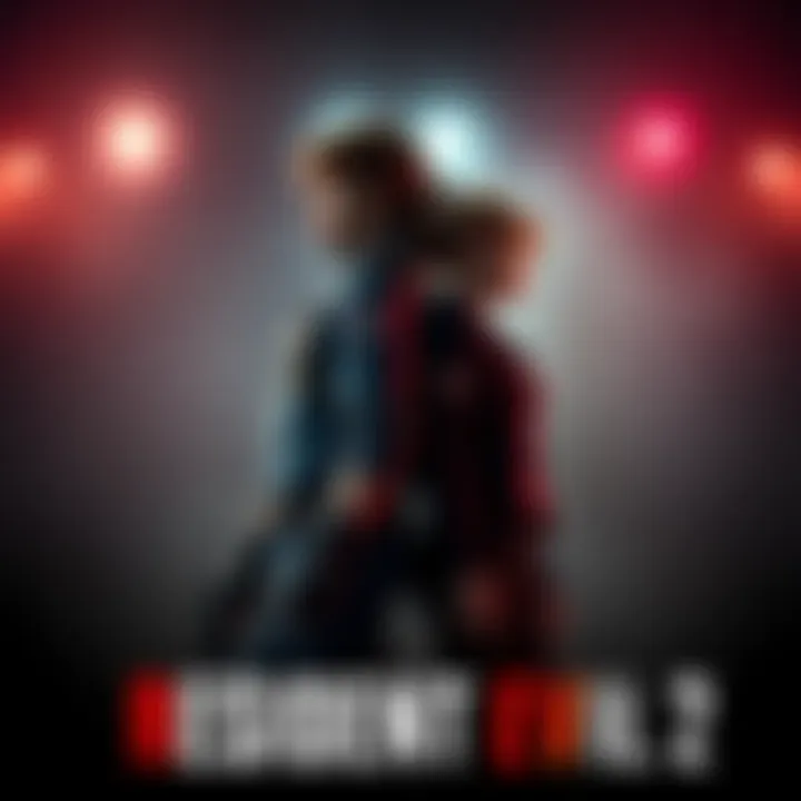 Leon and Claire standing back to back, ready for action in a dark, eerie setting