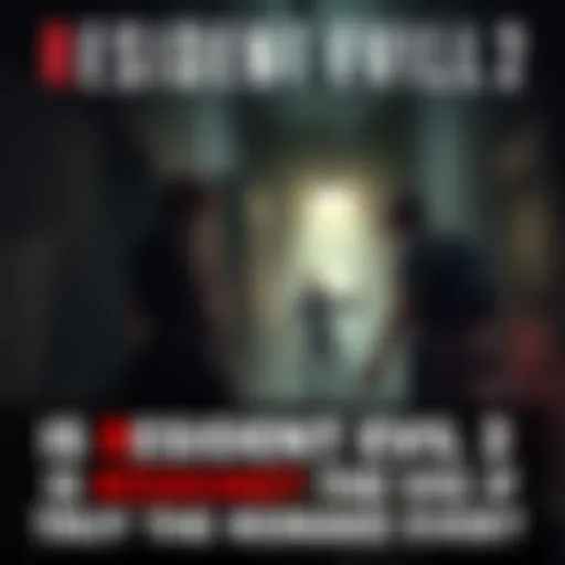 A tense moment from Resident Evil 2 showing a character facing a zombie in a dark, atmospheric setting.