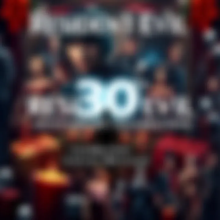 A collage of iconic characters from the Resident Evil series celebrating the 30th anniversary with festive decorations.