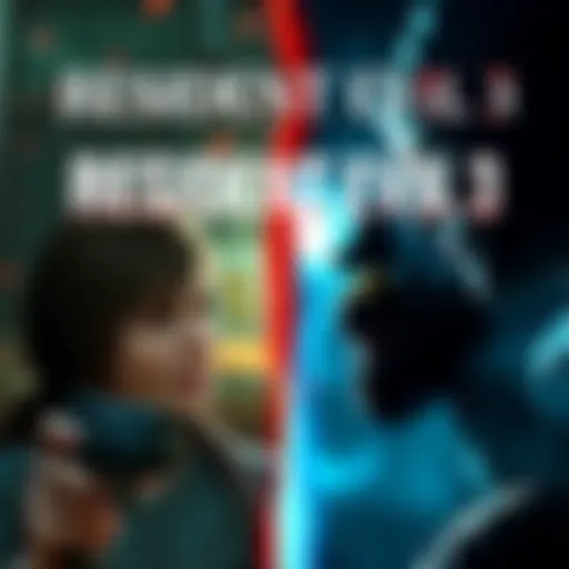 A split image showing scenes from the original Resident Evil 3 from 1999 on one side and the 2020 remake on the other, highlighting their distinct graphics and designs