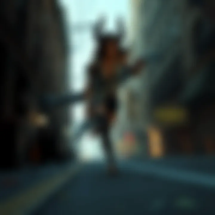 Jill Valentine running from the terrifying Nemesis in a dark, chaotic Raccoon City street