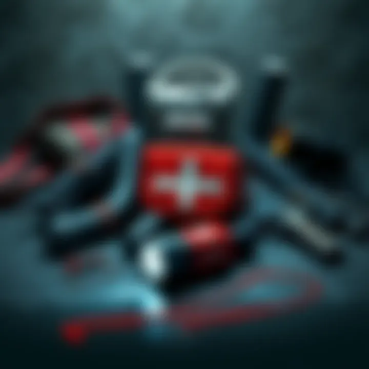 A collection of survival gear including a flashlight, first aid kit, and weapons for exploring the sewers in Resident Evil 3.