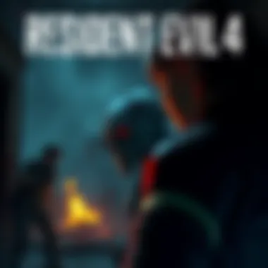 A tense scene from Resident Evil 4 with a character facing a scary monster in a dark environment