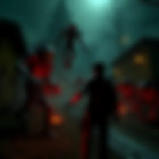 A character in Resident Evil 4 facing various enemies in a dark, eerie village setting, showcasing action-packed gameplay.