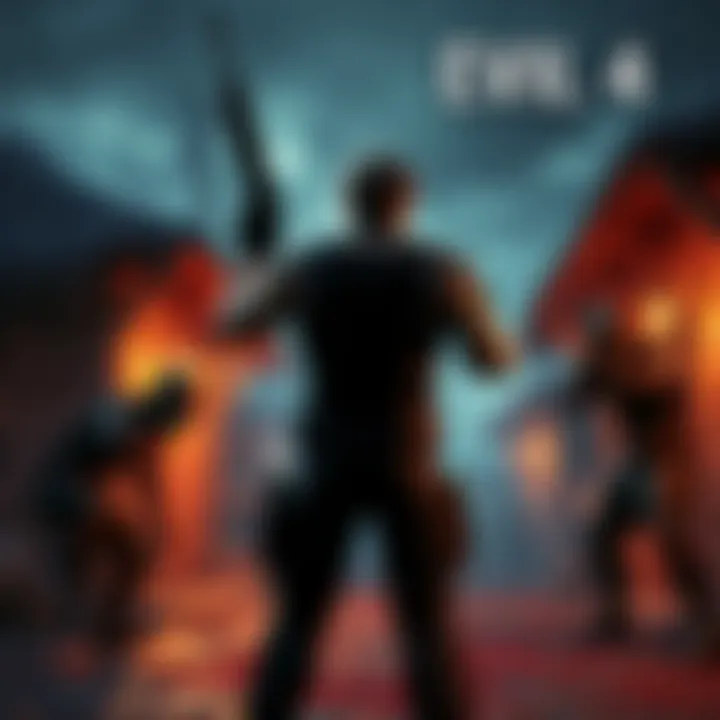 A tense moment in Resident Evil 4 featuring Leon facing off against enemies in a dark village setting.