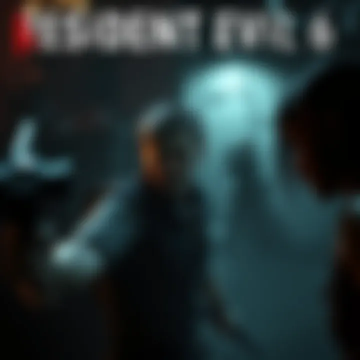 An action-packed scene featuring characters from Resident Evil 5 and 6 in a dark, gripping environment, highlighting Leon's character in a tense moment.