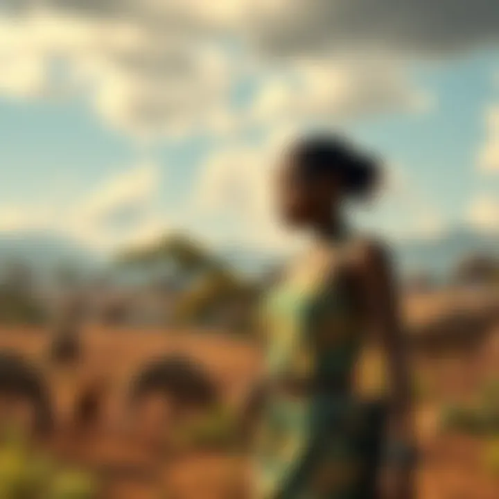 Character Sheva standing confidently in an African landscape, with bioterrorism elements in the background, symbolizing cultural themes and character development.