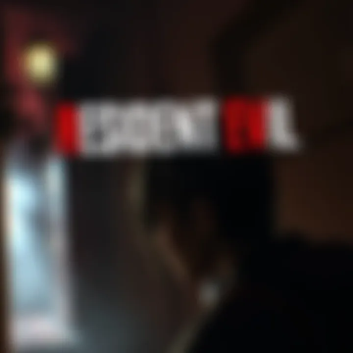 A tense moment in Resident Evil 7, featuring the character exploring a dark, creepy house with suspenseful atmosphere.