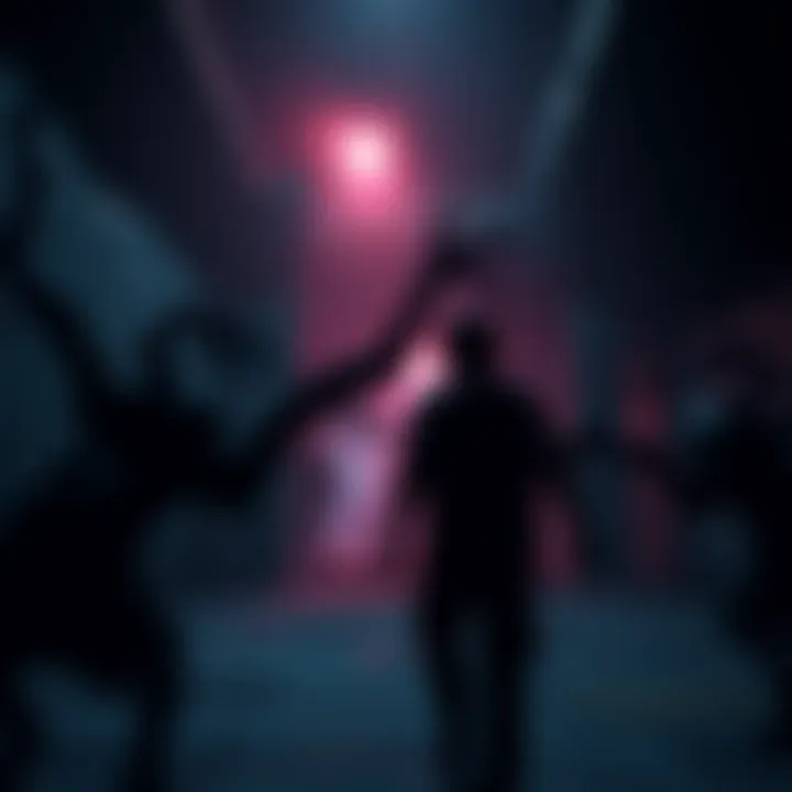 A tense moment from Resident Evil 8 showing Ethan Winters exploring a dark environment filled with eerie shadows and creatures.