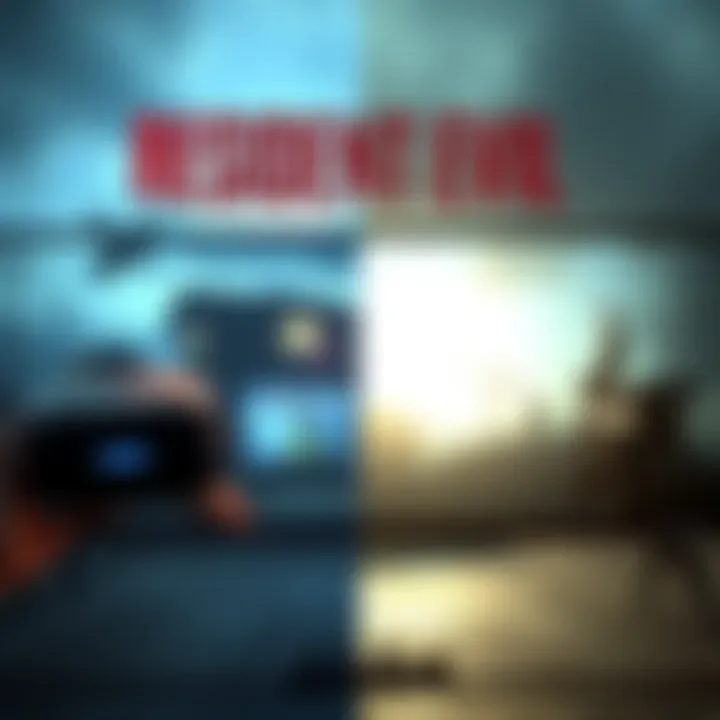 Resident Evil 8 VR vs Flatscreen A split-screen comparison showing Resident Evil 8 gameplay in VR on one side and flatscreen on the other, highlighting different experiences.