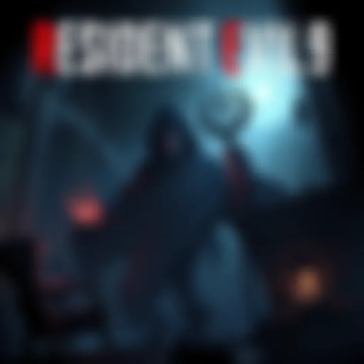 Cover art for Resident Evil 9 featuring a dark environment with a mysterious figure and creepy elements, hinting at horror gameplay.