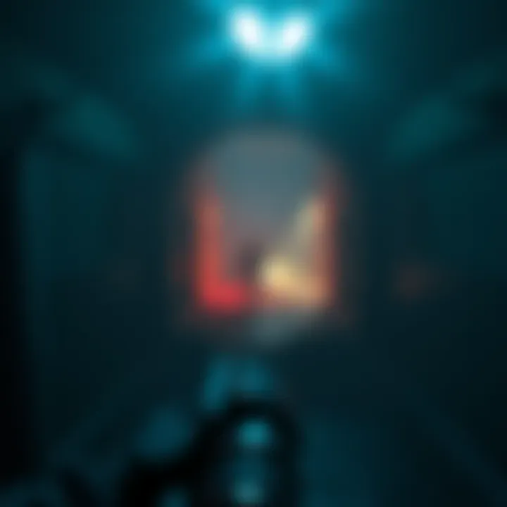 A screenshot showcasing the first-person perspective in Resident Evil 9 with a dark, eerie environment and a character holding a flashlight.