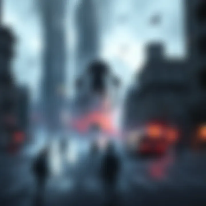 Resident Evil 9 Open World Concept A chaotic city scene from Resident Evil 9 with infected creatures and survivors interacting in the streets.