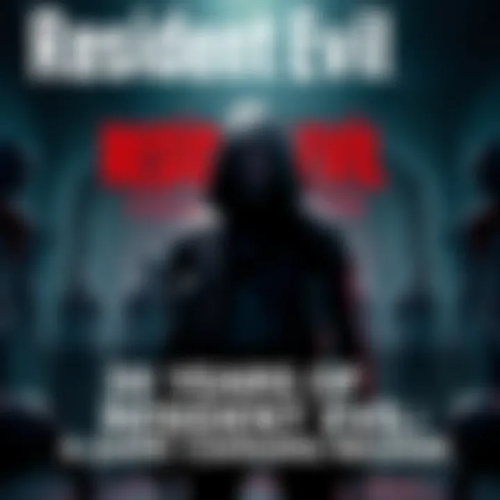 A character from Resident Evil stands in a dark, eerie setting, surrounded by zombies, showcasing the horror theme of the game.