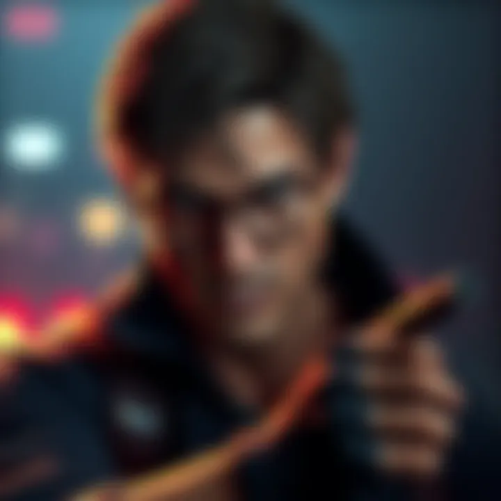 A scene featuring Bryan, a character from the new Resident Evil movie, showcasing his intense expression and action-ready stance.