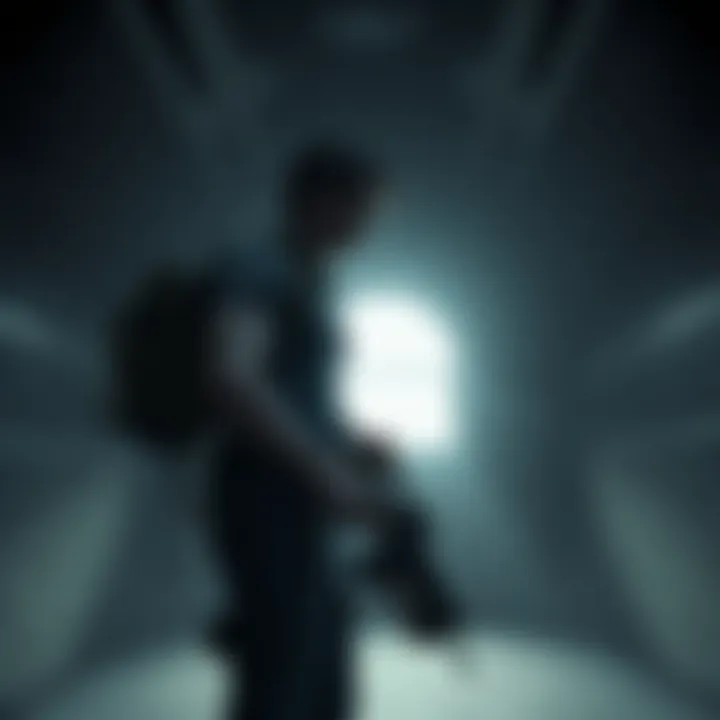 A character from Resident Evil stands in a dimly lit room holding a weapon, ready for action.