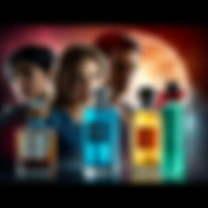 A collage of Resident Evil characters like Chris, Leon, Jill, Ada, and Claire with fragrance bottles representing their unique scents