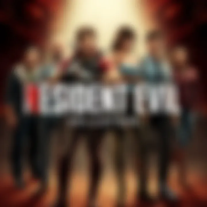 Characters from the Resident Evil series standing together, showcasing their unique designs and attire, in an intense gaming scene