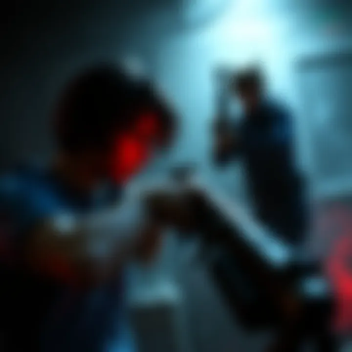 A scene showing gameplay from the original Resident Evil with fixed camera angles and horror elements