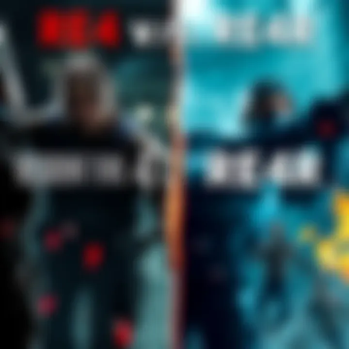 A side-by-side display of characters and scenes from Resident Evil 4 and its remake RE4R, highlighting key differences in graphics and gameplay.