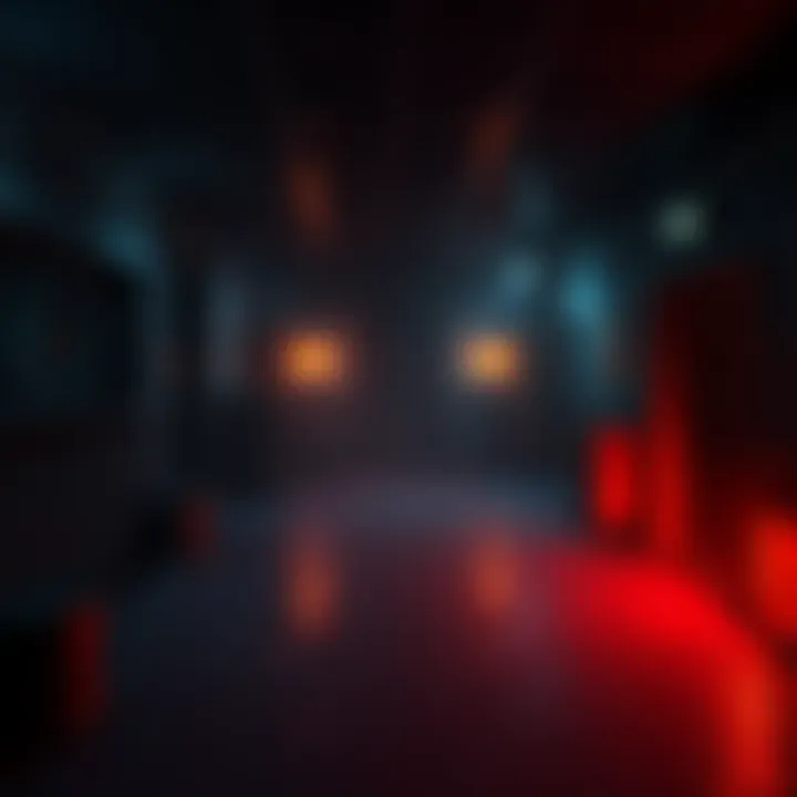 A dark, atmospheric room showcasing a vintage fixed camera setup with eerie lighting, reminiscent of classic horror games.