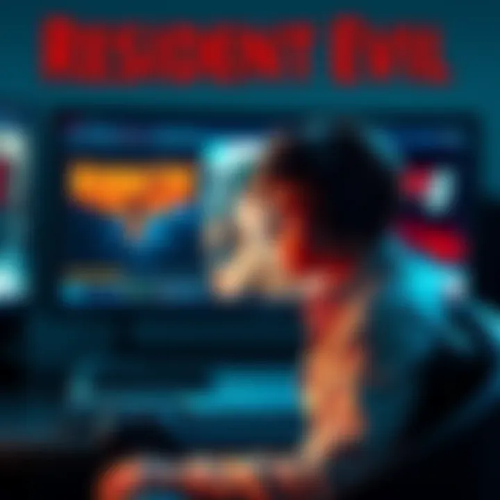 Resident Evil Game Comparison A gamer sitting in front of a computer screen showing different Resident Evil game titles with a thoughtful expression.