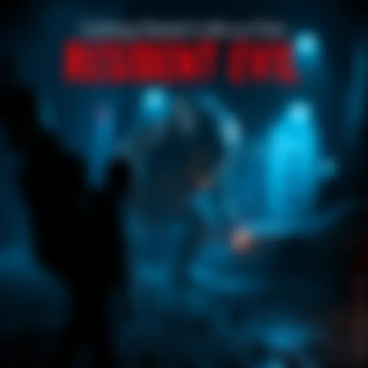 A dark, eerie setting from a Resident Evil game featuring a character facing a monstrous creature