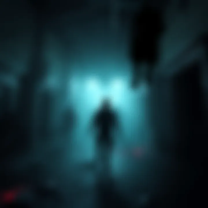 A tense scene from Resident Evil showing a character exploring a dark, creepy environment with zombies lurking in the shadows.