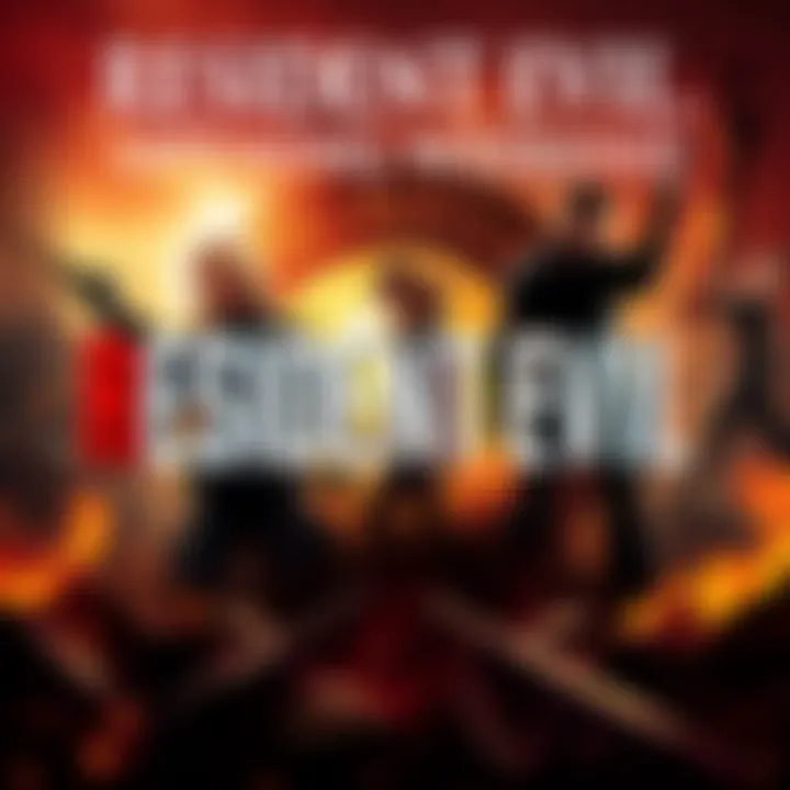 A poster showing the logo of Resident Evil with a cinematic scene in the background, showcasing characters in action.