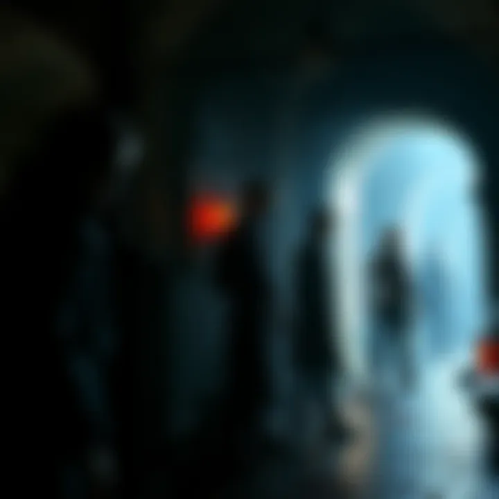 A dramatic scene featuring characters from Resident Evil Requiem in a dark, haunted setting with eerie lighting and tense atmosphere.