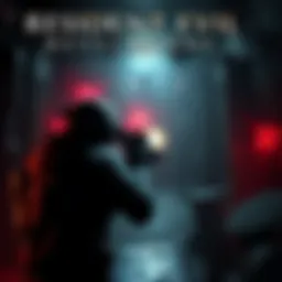 A tense gameplay moment from Resident Evil: Revelations showing a character aiming a weapon in a dark environment filled with shadows and monsters.