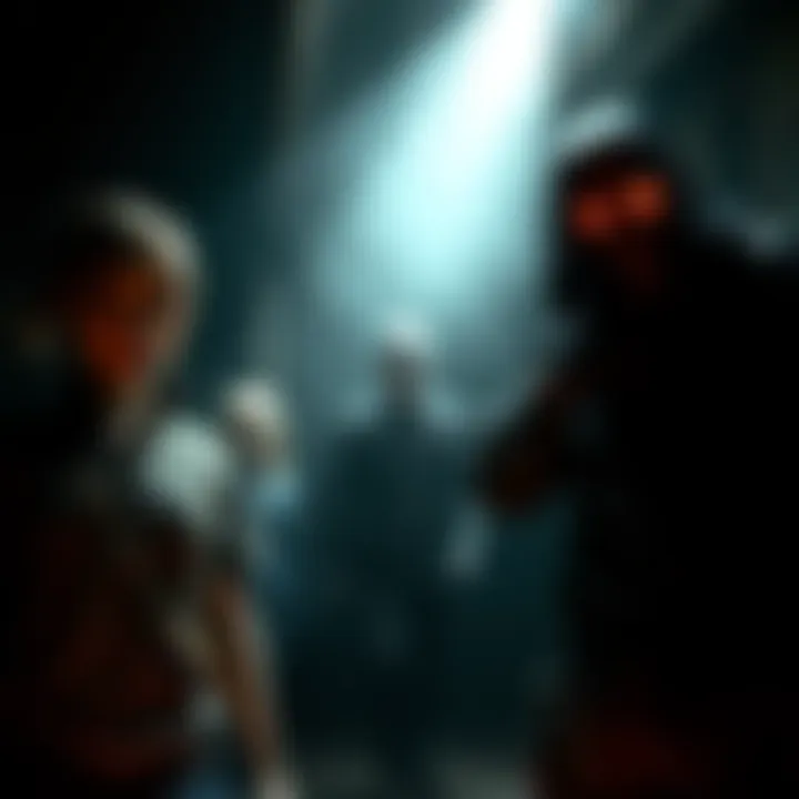 Iconic characters from Resident Evil and Silent Hill in a dark, atmospheric setting with eerie lighting.