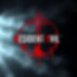 The logo of Resident Evil series with a dark, eerie background featuring classic horror elements.