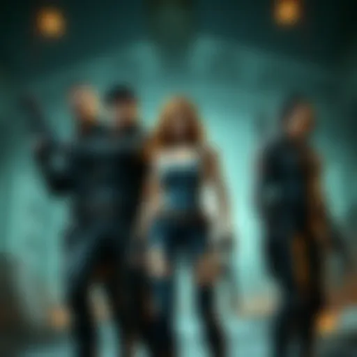 A team of three Leon characters and one Ashley character in a game setting, emphasizing teamwork and protection.