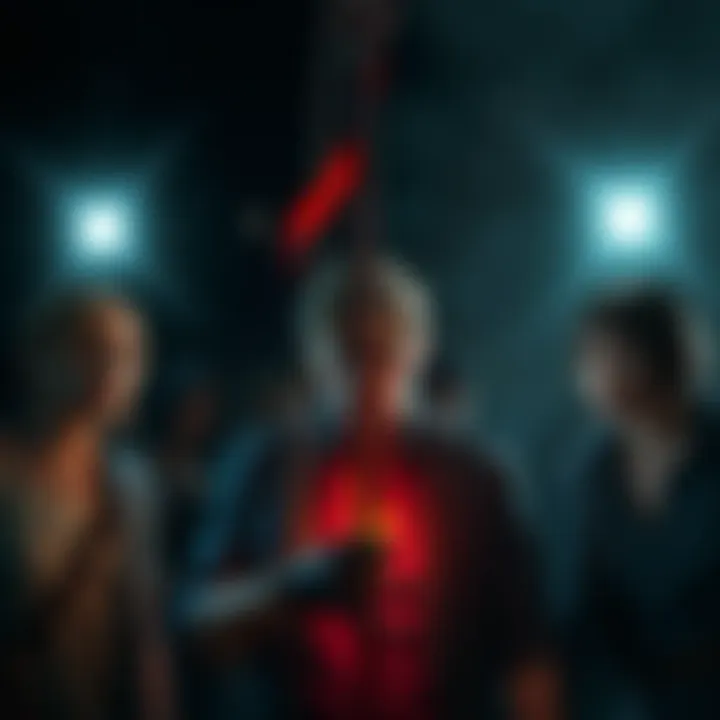 Character meeting a tragic end A character from Resident Evil facing a tragic impalement in a dark setting, with shocked expressions from surrounding characters.