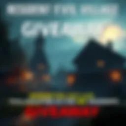 Graphic showing a giveaway for Resident Evil Village game keys, with text inviting North American residents to participate by commenting their location and guessing a number.