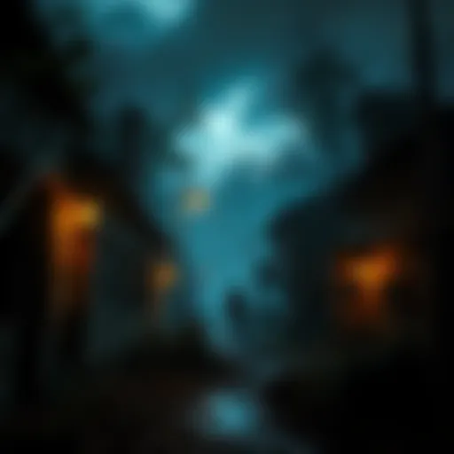 A dark, atmospheric scene depicting a haunted village with eerie lighting and shadowy figures lurking in the background, highlighting the horror elements of Resident Evil Village.