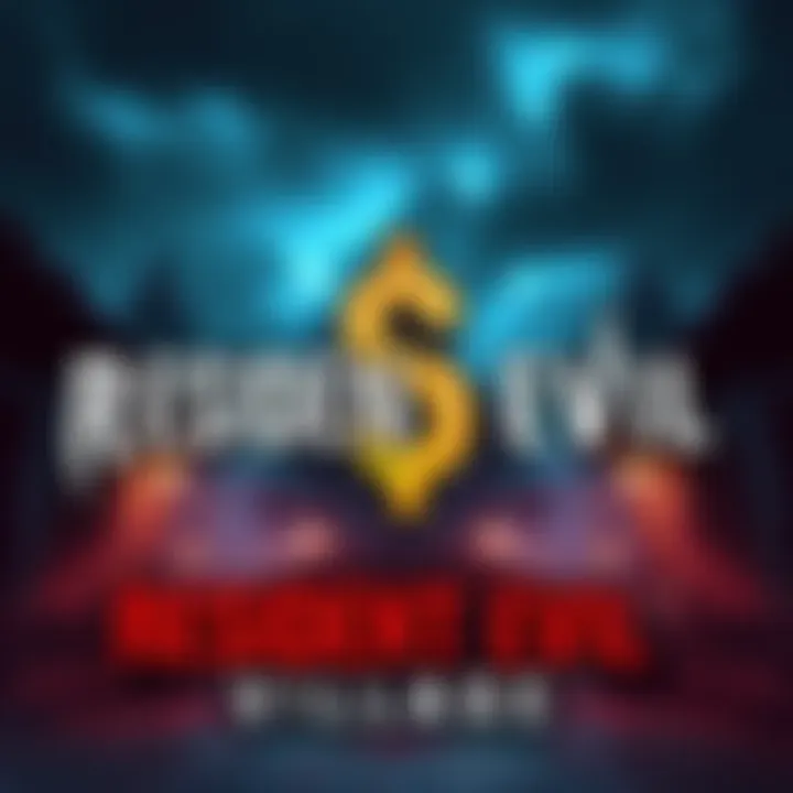 A promotional graphic for Resident Evil Village featuring a dollar sign symbol and game elements.