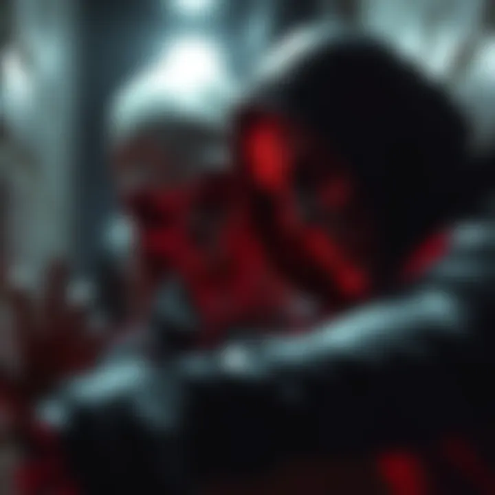 A menacing Resident Evil villain lurks in shadows, watching a player in a dimly lit environment, showcasing their hunting nature.