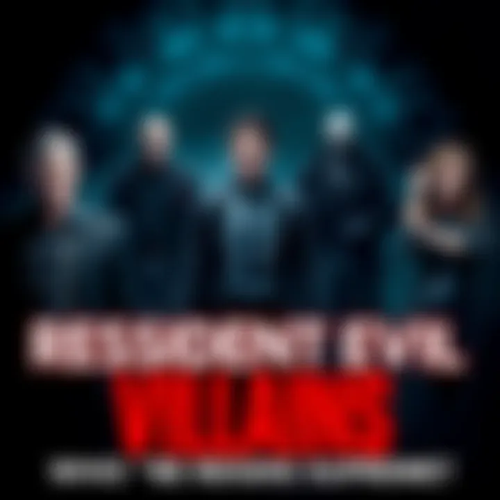 Key villains from Resident Evil including Wesker, Jack Baker, and Lady Dimitrescu standing together in a dark setting