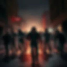 A group of zombies from Resident Evil, reminiscent of classic horror scenes, advancing toward a frightened survivor in a dark city street.