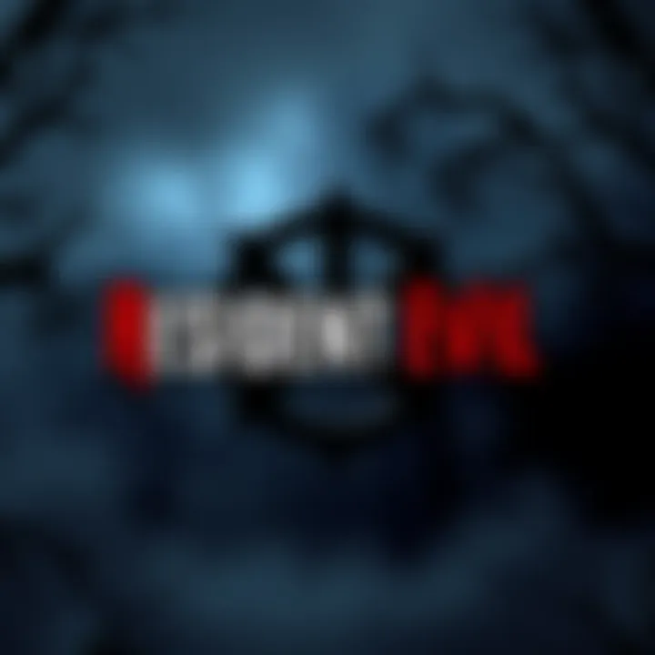 The Resident Evil logo set against a dark, gothic-styled background featuring elements like twisted trees and fog, reflecting the series' horror themes.